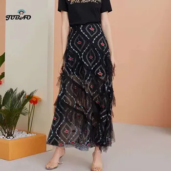 

Top Quality Girl Skirts black Mesh A-Line Sexy Women embroidery Party daily High StreetBodycon Skirt Ladies 2020 new Fashion