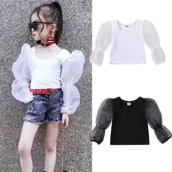 

Summer Toddler Kid Baby Girls Clothes O-neck T Shirts Tops Solid Long Lace Puff Sleeve Pullover Fashion Tops Outfits 0-5Y
