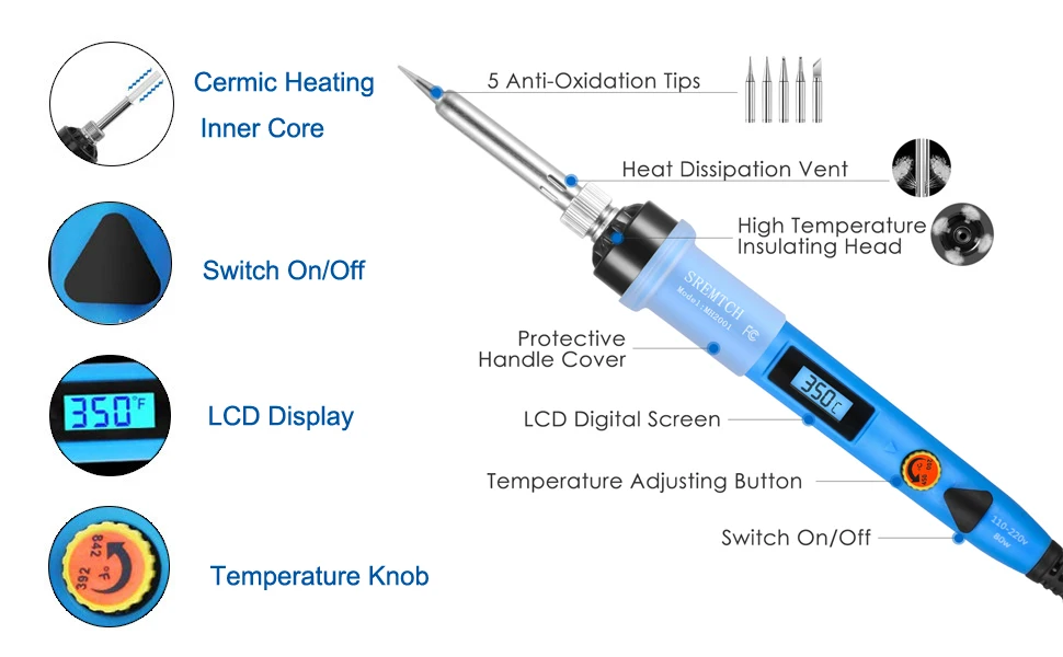 Электропаяльник мощностью 110 вт рассчитан. Паяльный набор с регулировкой температуры и ЖК дисплеем (80 Вт) с. Контроль за температурой пайки.