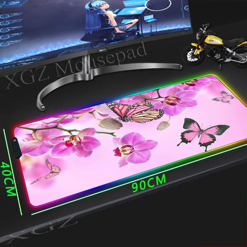  XGZ Rose Pink Butterfly Large Game Flower RGB Mouse Pad Lock Edge Keyboard Mousepad Gaming Table Mo