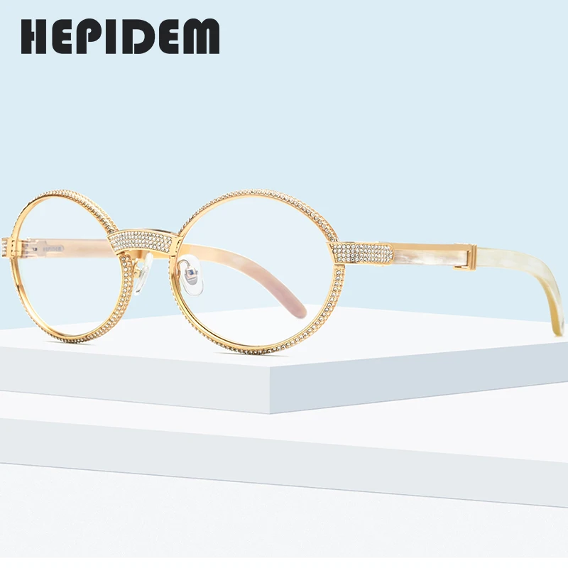 

HEPIDEM Buffalo Horn Glasses High Quality Men Round Glass Brand Designer Luxury Diamond Sumptuous Eyeglasses for Women 7550179