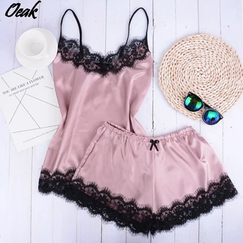 

2pcs Sexy Lingerie Lace Sleepwear Nightdress Women Beach Dress Short Sleeveless Ladies Satin Nightgown Through La Sleepwear