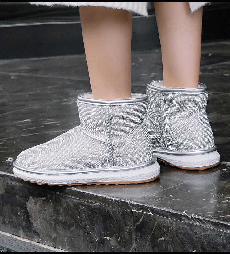 LORFRCIN Winter Boots Bling Crystals Ankle Boots Rhinestones Women Fur shoes Fashion Handmade Warm Snow Boots Woman