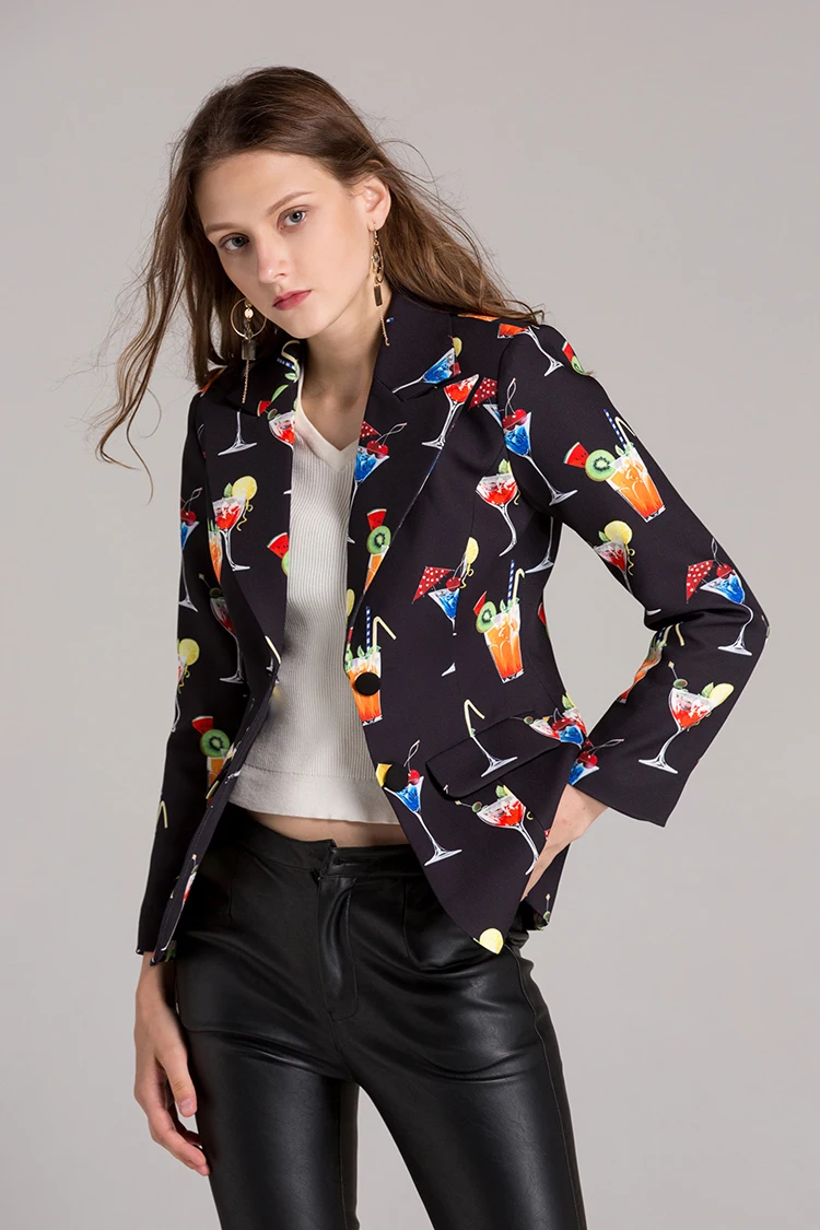 SEQINYY Black Blazer Autumn New Fashion Design Long Sleeve Women Wine Glass Printed Female Jacket