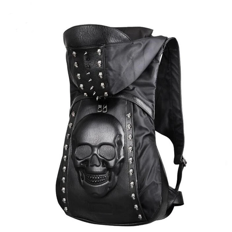 Новинка, модный персональный 3D кожаный рюкзак с черепом, заклепки, череп, рюкзак с капюшоном, кепка, сумка для одежды, сумки с ремнем через плечо, хип-хоп человек