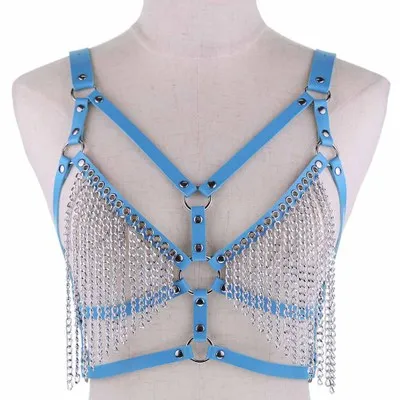 Light Blue Кожаный бюстгальтер с металлической цепочкой, бандаж, женское белье, ремни для женщин, розовый, регулируемый, панк, готический, полиуретановый ремешок, топы, клетка, фестивальный рейв - Цвет: Light Blue
