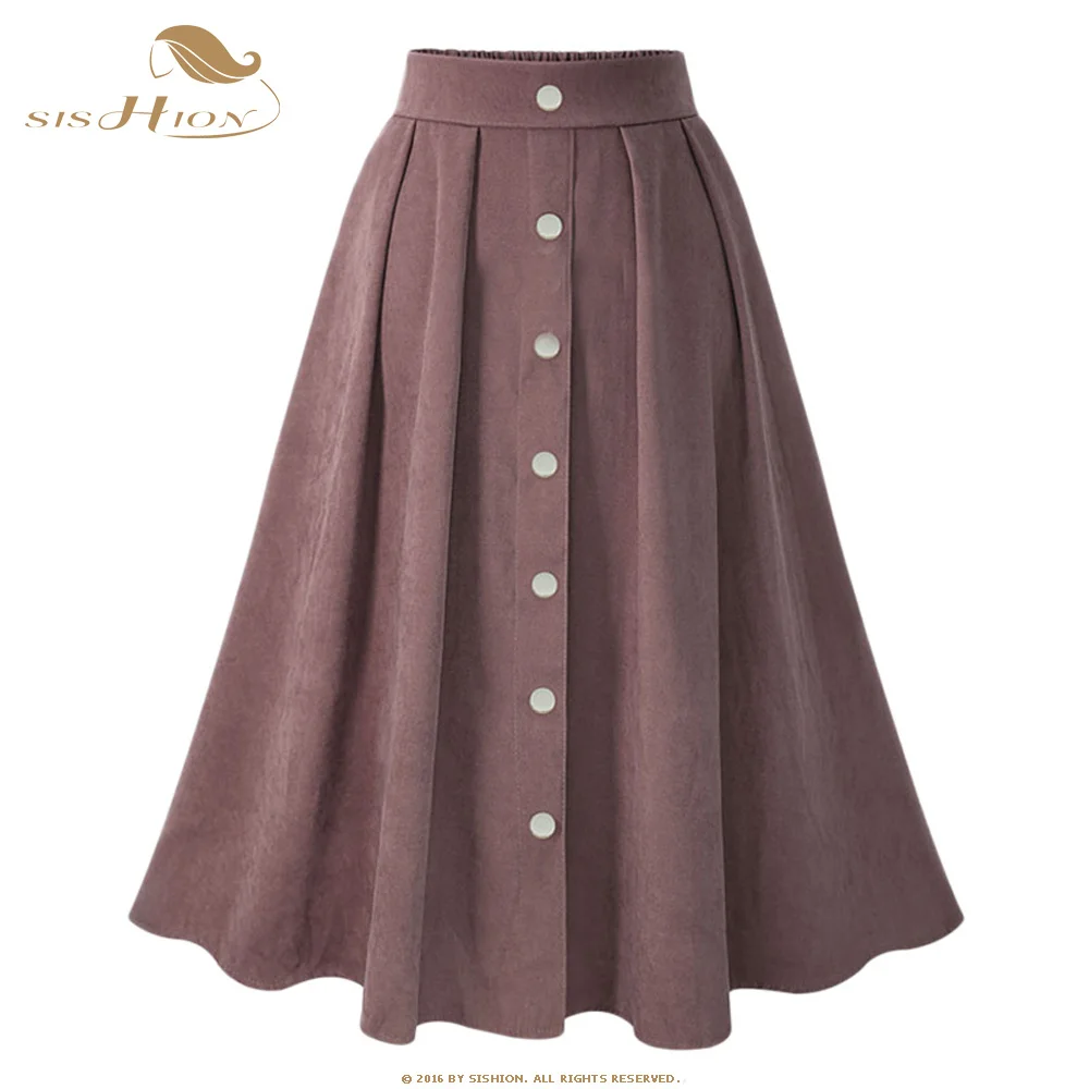 

SISHION 2019 autumn winter women pleated large swing midi skirt solid color button high waist cotton skirt female SP0350