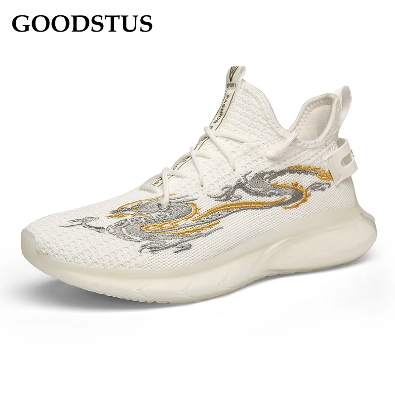 

GOODSTUS Men Mesh Sneaker Breathable Thick Bottom Comfortable Chinese Style Dragon Pattern Lace-Up Male Outdoor Running Shoes