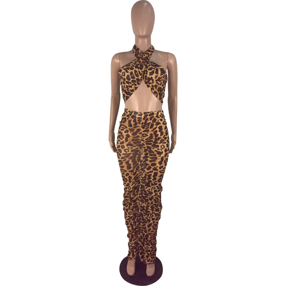 Beyprern сексуальный дизайн обруча Топ и Ruched Cheetah печать юбка комплект Женская открытая леопардовая сетчатая юбка комплект из 2 предметов