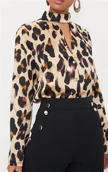 

Women Halterneck Tee Leopard Print Blouse Shirt Long Sleeve Casual Oversize Shirt Top Front Hollow Out Shirt Blouse Outwear Fall