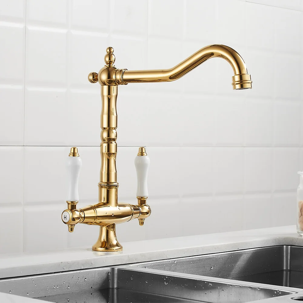 

Dual Handle Kitchen Sink Faucet 360 Degree Rotation Gold Mixer Hot and Cold Water Taps Deck Mounted Kitchen Faucets