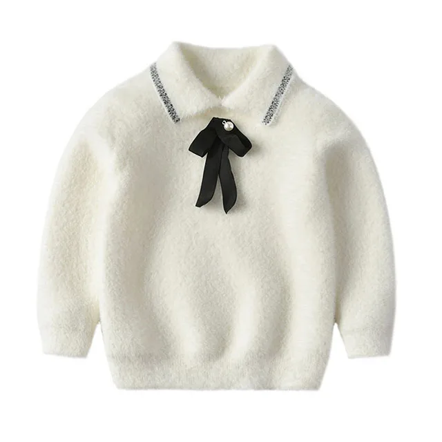 Лидер продаж; свитера для девочек; вязаный свитер хорошего качества; сезон осень-зима; Детский Теплый Толстый Пуловер с длинными рукавами и бантом; свитер; детская одежда - Цвет: T0270-White