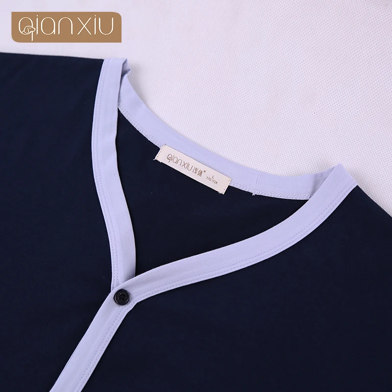 Men's Spring Autumn Cotton Dark Blue Pajamas Crew neck Long Sleeve Suit Home Suit Men's Pajamas Cardian Sleepwear Nightgown