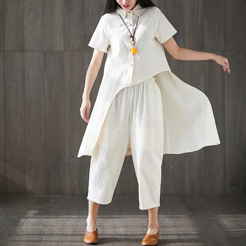 

Cotton Linen WOMEN'S Suit 2019 Spring And Summer Large Size Loose-Fit Irregular Tops + Baggy Pants Trendy Two-Piece Set