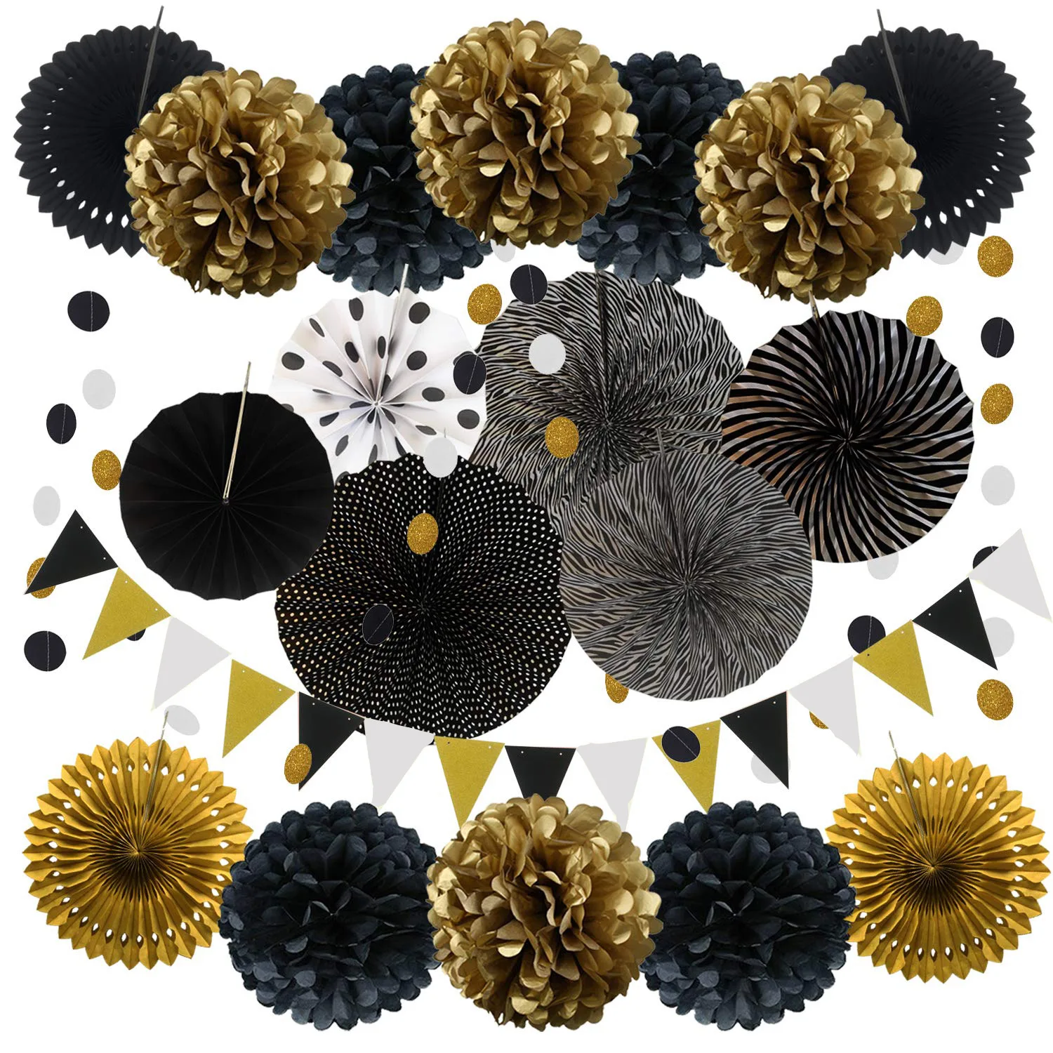 

Black paper hanging paper fans, paper pompoms, triangle streamers, 21Pcs birthday party decorations, wedding baby shower Girls