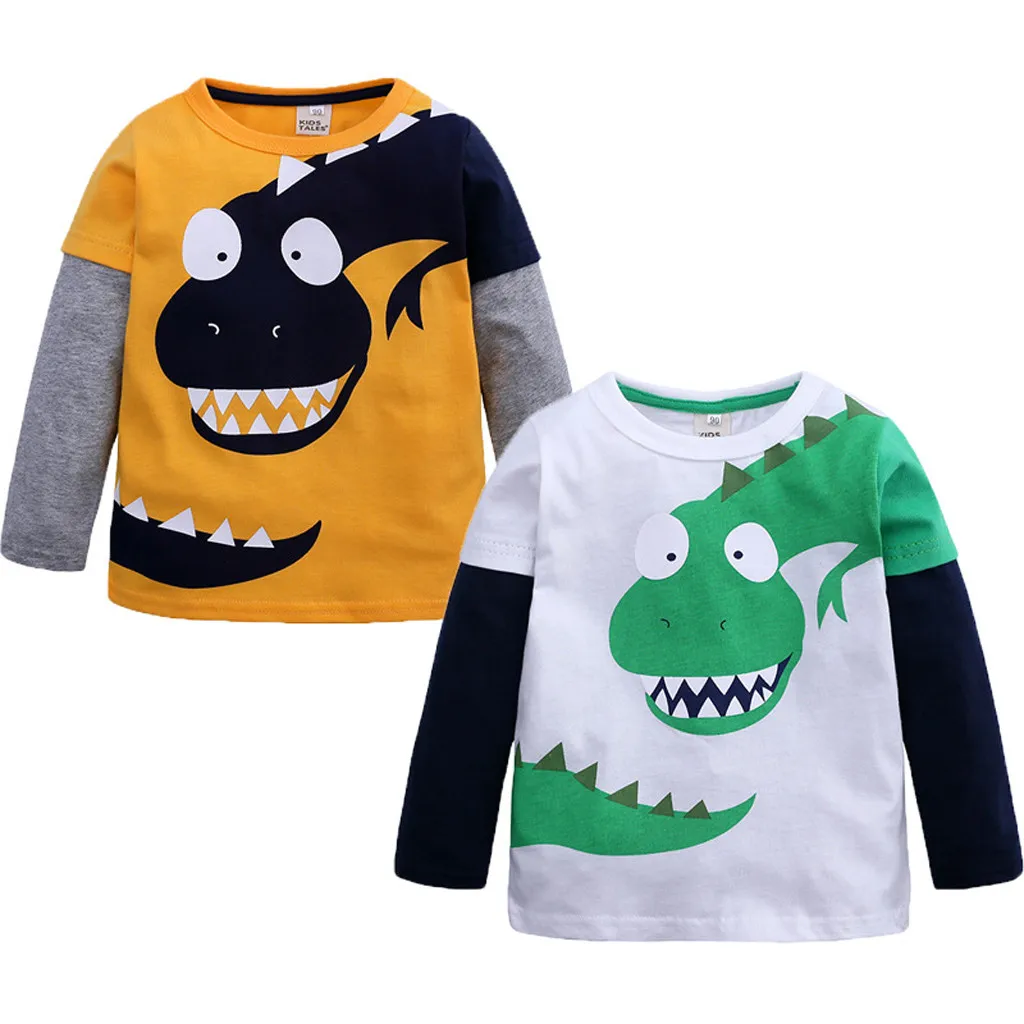 Toddler Children Cartoon T-shirts Boys Dinosaur Patchwork Long Sleeve Casual T-shirts Tops Outfits Clothes Pullover Loose Tees