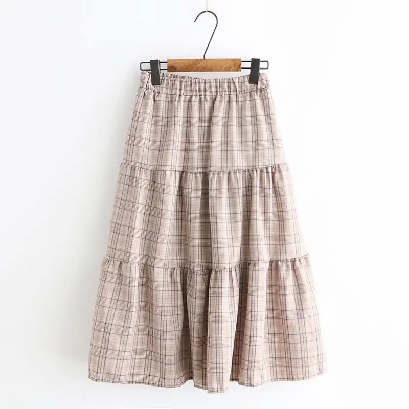 

Spring And Summer New Style Japanese-style Soft Girl Versatile Elastic Waist Joint Small Plaid Large Hem Cake Skirt Women's S261