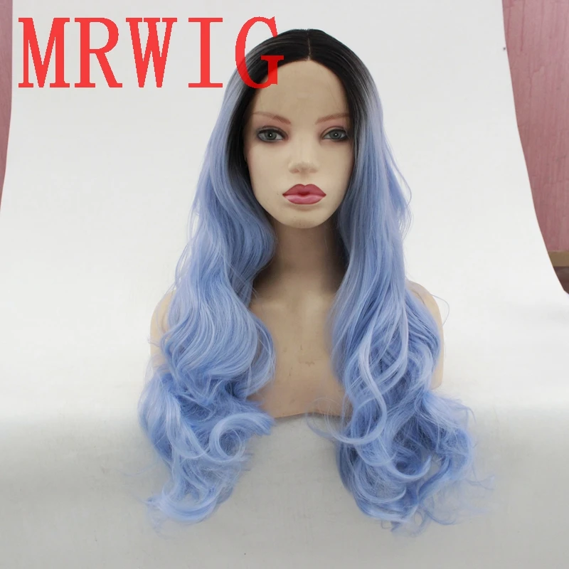 

MRWIG short dark roots ombre blue long wavy middle part 26in 150%density synthetic glueless front lace wig
