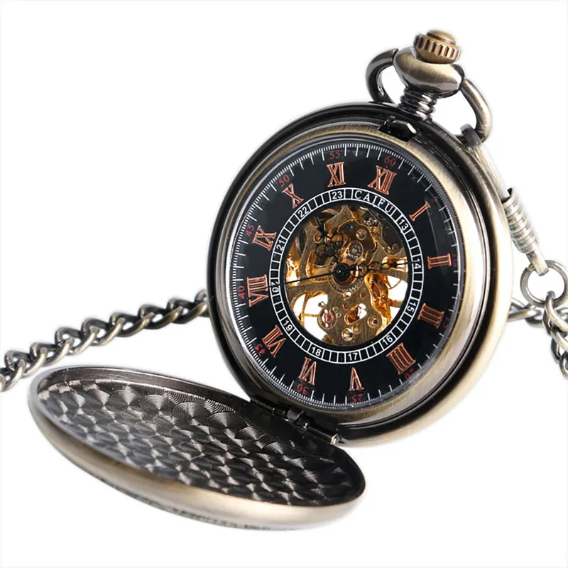 Retro Elk Design Steampunk Hand Winding Mechanical Pocket Watch for Mens Womens Full Hunter Clock with Fob Chain Roman Number
