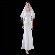 Короткая Свадебная вуаль с кружевной аппликацией, двухслойная свадебная фата с расческой, свадебные аксессуары, фата невесты для женщин, Veu de noiva