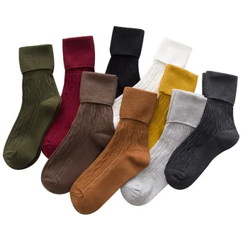 

Autumn and winter new vintage hemp wide mouth turn edging pile heap solid color socks, barrel women's socks