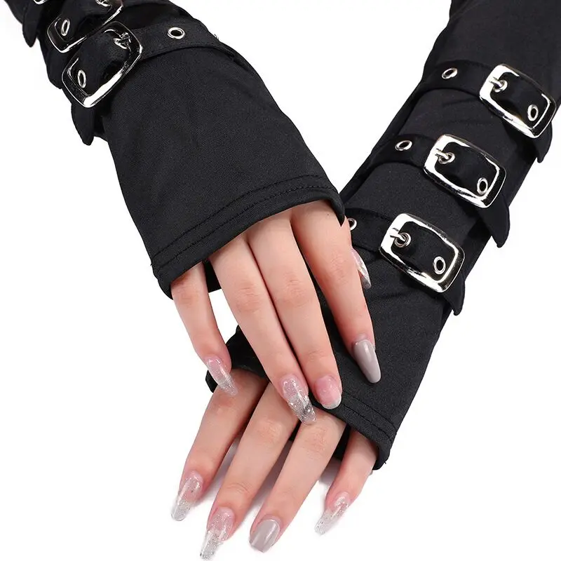 Women Half Finger Metal Buckle Belt Rivet Punk Hip Hop Party Cosplay Dance Mitten Sexy Black Fingerless Milk Silk Glove R46