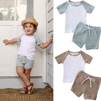 

1-5T Cotton Knitted 2PCS Toddler Kids Baby Boys Girls Short Sleeve Shirt Shorts Pants Clothes Outfit Set