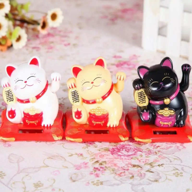 2.5 Inch Cute Shaking Hands Solar Lucky Fortune Cat  Ceramic Maneki Neko Home Decoration Wealth Waving Figurines Craft Gifts 2