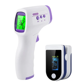 

Fingertip Pulse Oximeter SpO2 & PR Monitor with Lanyard & Storage Bag Alarm Function + Digital Non-contact IR Thermometer