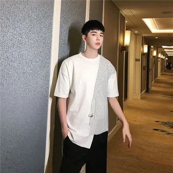 

EWQ / men's wear Design all-match Asymmetry color block Short Sleeve T Shirt for Male Irregular streetwear loose tops 9Y1472