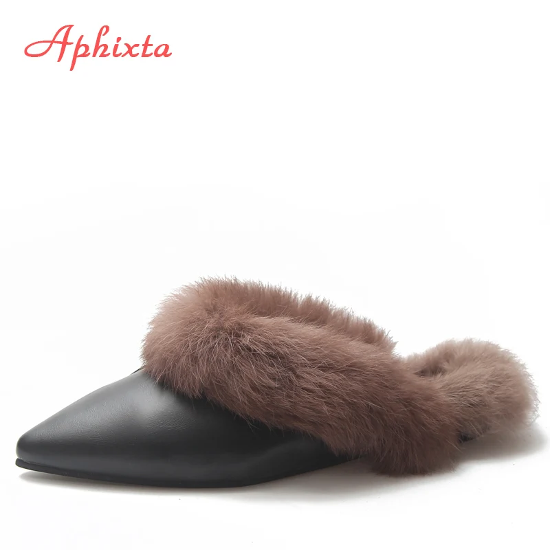 Aphixta/женские шлепанцы с острым носком; Коллекция года; обувь без задника с натуральным животным мехом; обувь с пряжкой; тапочки с натуральным мехом; женская обувь на меху - Color: Black