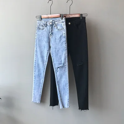 

2019 Autumn New Fashion Slim Elastic Hole Scratched Pants Jeans Women Ankle-length Rapped Pensil Pants Denim Trousers Female