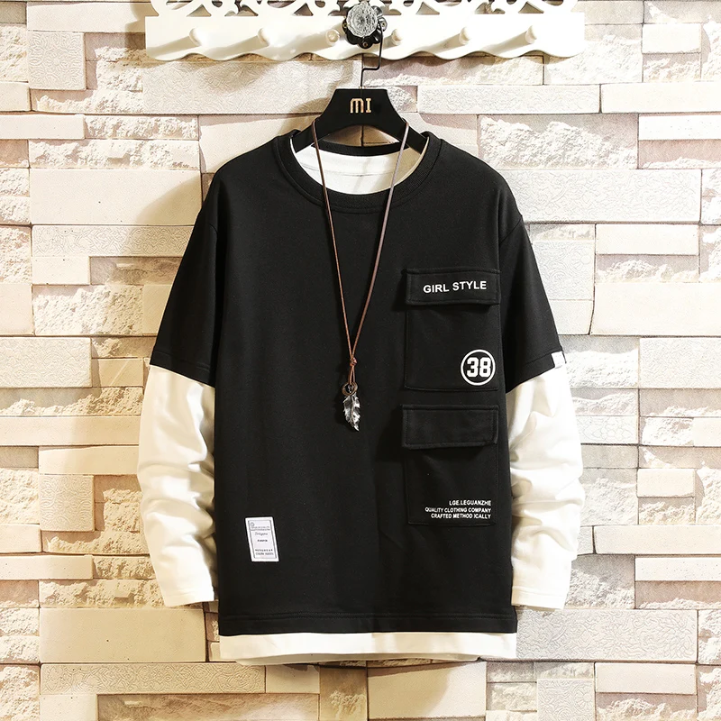 

CYXZFTROFL 2019 Autumn Winter Loose Men Pullover Sweatshirt Hoodies Fashion Hooded Fake two pieces Plus Size M-5XL Tracksuits