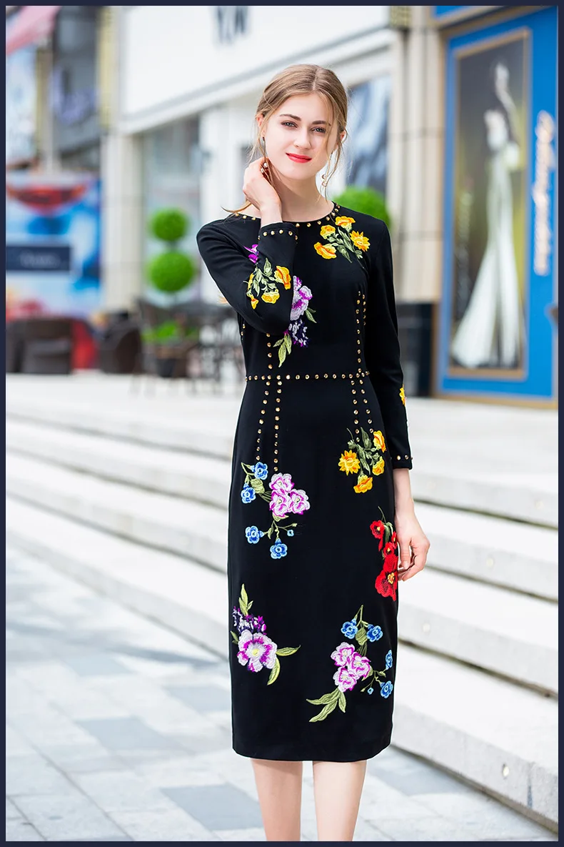VERDEJULIAY подиумное высококачественное платье с вышивкой модное осенне-зимнее цветочное длинное платье в обтяжку с длинными рукавами с черным бисером