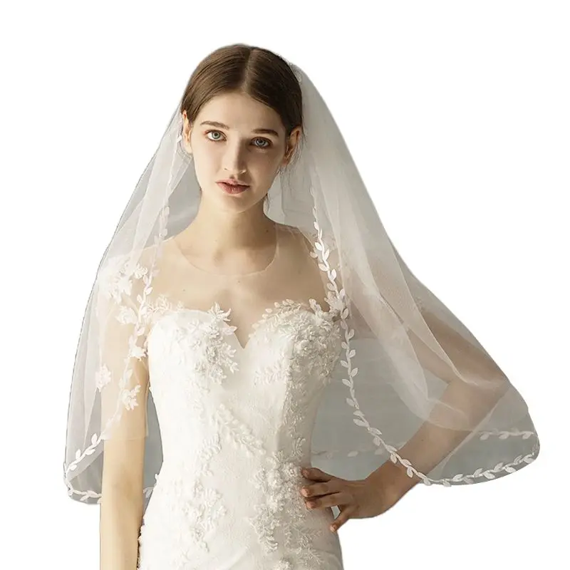

2 Tier White Tulle Elbow Length Wedding Veil Imitation Pearl Leaf Ribbon Trim Bridal Party Classic Hair Accessories with Comb