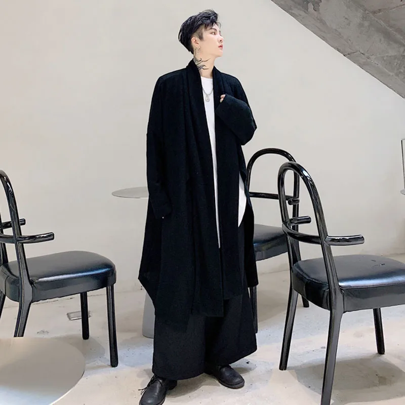 

Men Dark Black Japan Style Loose Long Knitted Cardigan Jacket Male Streetwear Hip Hop Gothic Kimono Outerwear Cloak Trench Coat