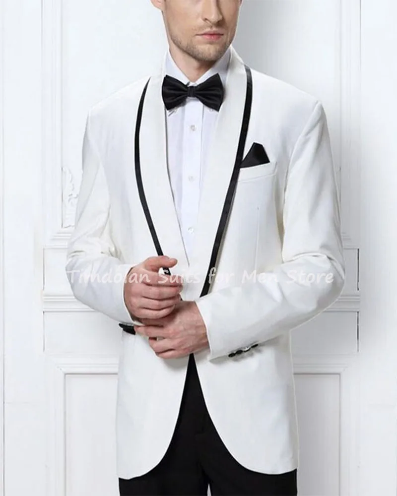 

Индивидуальный пошив, высококачественные мужские костюмы цвета слоновой кости, блейзер с отложным воротником, черные брюки, индивидуальный мужской костюм для свадебной вечеринки (пиджак + брюки + галстук)