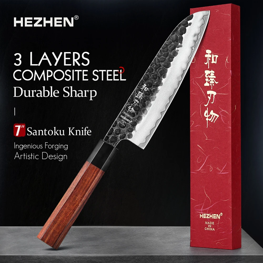 HEZHEN 7-дюймовый нож сантоку трехслойные композитные кухонные ножи из нержавеющей стали для приготовления пищи Красная деревянная ручка с подарочной коробкой