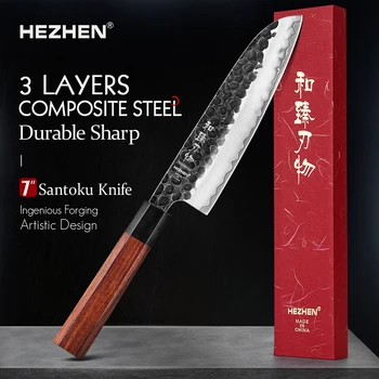HEZHEN Coltello Santoku da 7 pollici Coltelli da cucina da cucina in acciaio inossidabile a tre strati in acciaio composito Manico in legno rosso con confezione regalo 1
