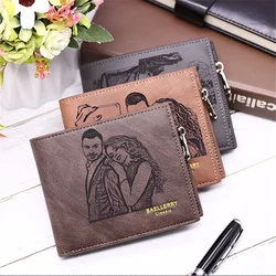 Custom Picture Text Wallet for Men Leather Purse with Zipper Coin Purses Engraved Photo Words Gift for Men Personalized Gifts