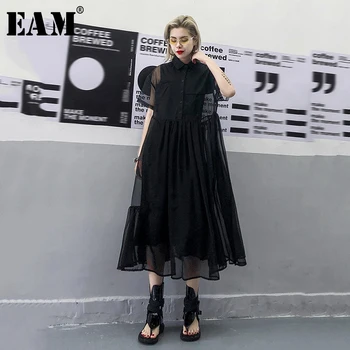 

[EAM] Women Black Mesh Perspective Big Size Two Piece Dress New Lapel Short Sleeve Loose Fit Fashion Spring Summer 2020 1T58