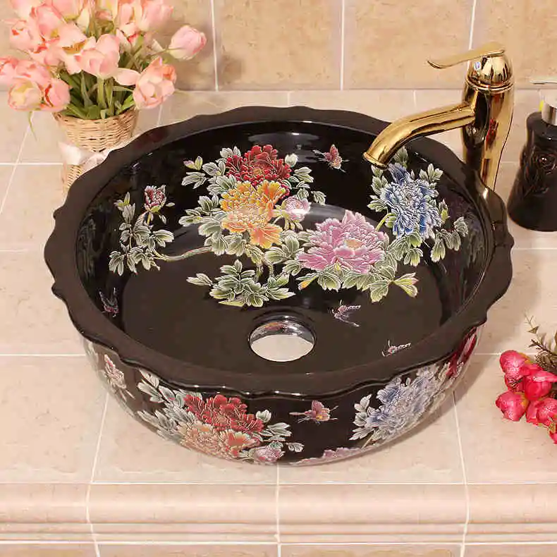 Porcelain ceramic sinks for bathroom wash hand basin black color chinese counter top wash basin (2)