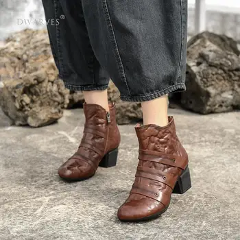 

Handmade Genuine Leather Pumps Retro Round Toe Women Ankle Boots Block Heels Slip On Office Shoes Side Zipper Coffee/Black