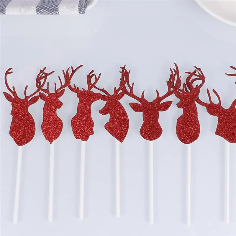 14pcs Cake Toppers Shiny Elk Head Shape Cake Decorations Christmas Wedding Party Dessert Stand Decoration(Purple