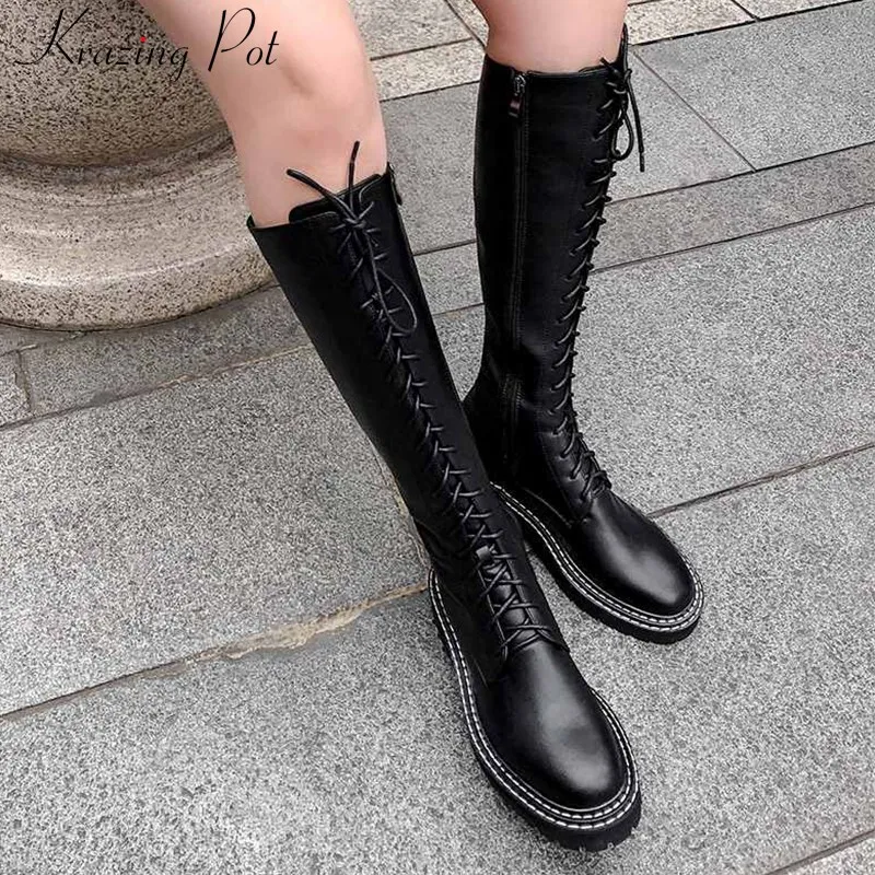 

krazing pot classic fashion cow leather knight boots round toe med heels lace up winter keep warm Zipper thigh high boots L69