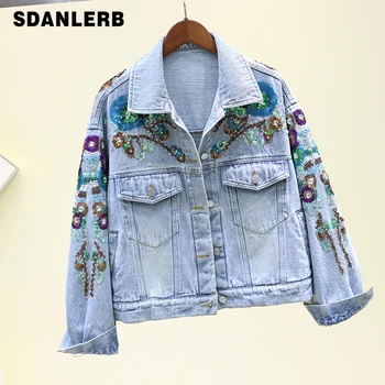 

Short Denim Jacket Women's 2020 Spring New Loose-Fit Embroidered Heavy Beaded Sequined Jacket Top Jean Coat Female Coat