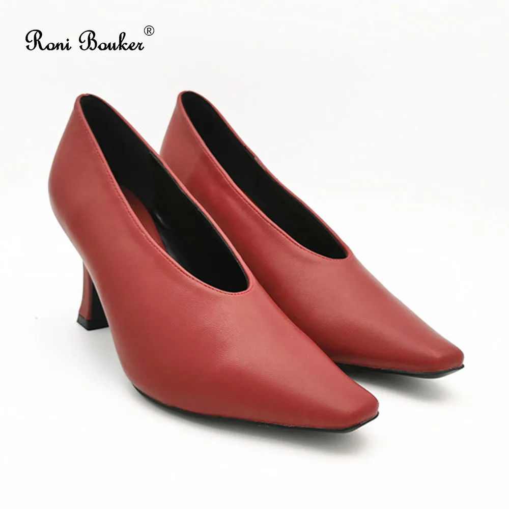 

Roni Bouker Fashion Square Toe Women's Pumps Slip On Middle Heel Shoes Woman Design High Heels Wedding Shoe