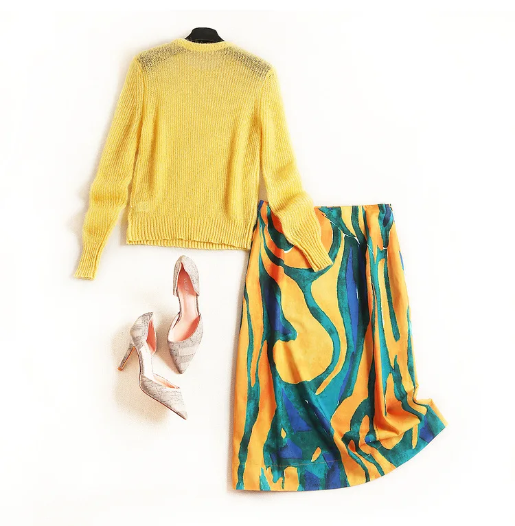 Women winter sweater mohair knitted pullovers+ goemtric print penscil skirt suit office elegant two piece set yellow