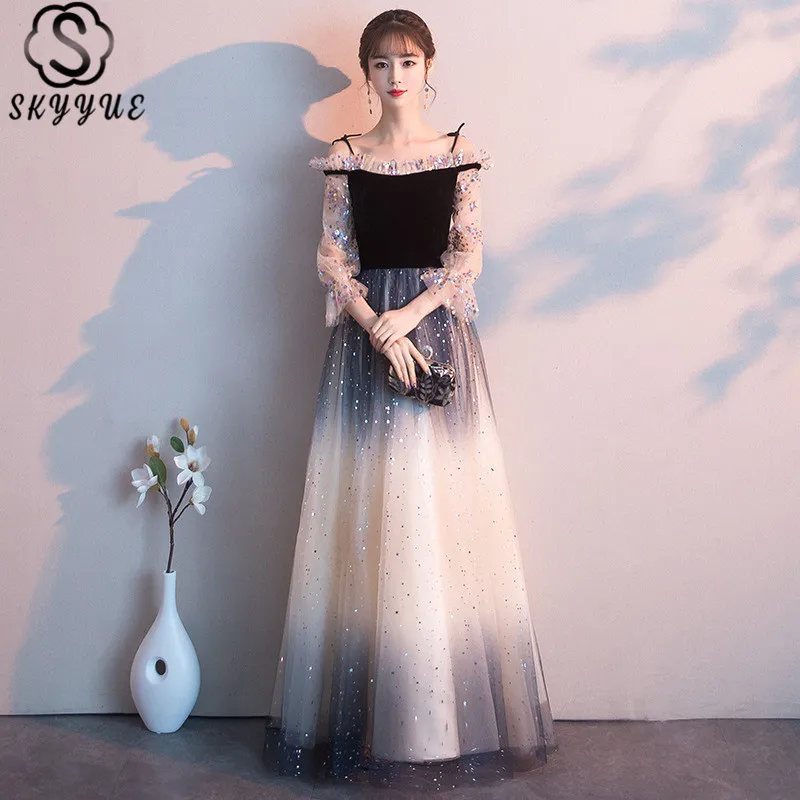 

Skyyue Evening Dresses Boat Neck Sequined Formal Dress Eveing Gown Ruched Three Quarter Sleeve A-Line Women Party Dresses E355