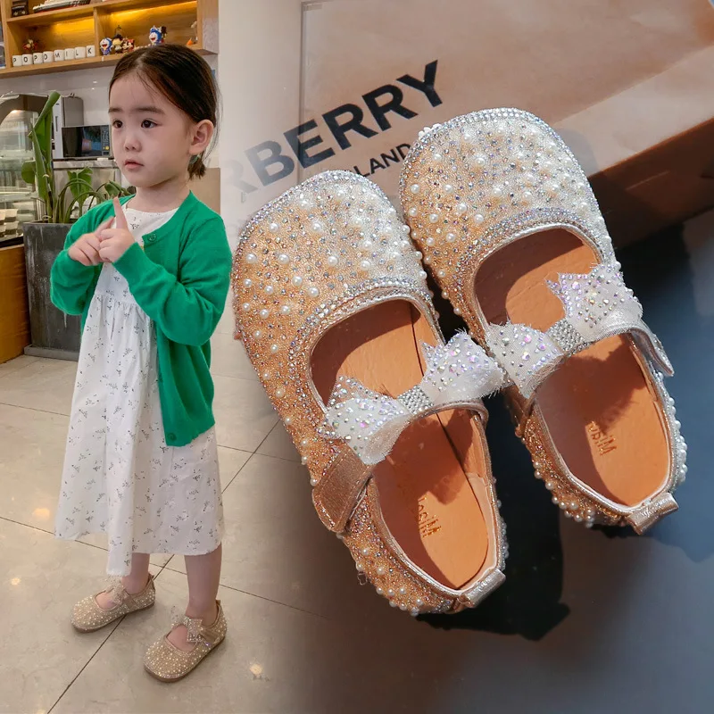 Girl's Princess Shoes Children's Fashion Bow Rhinestone Leather Kids Shoe Baby Girls Party Student Flat Shoes E584